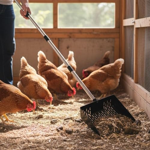 2-in-1 Chicken Poop Scooper for Coop Cleaning – Chicken Coop Scoop & Rake for Sand, Includes Gloves and Waste Bag – Ideal for Chicken Coops & Small Farm Animals (Black) - color: Black