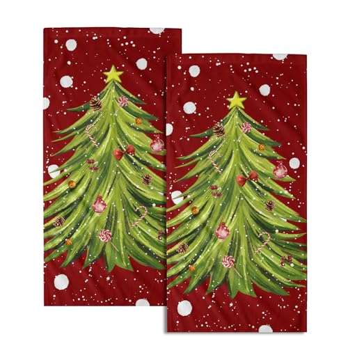 Giwawa Red Christmas Hand Towels - Set of 2 Watercolor Green Xmas Tree Decorative Kitchen Hand Towels Winter Holiday Decor Bath Guest Fingertip Towel Farmhouse Christmas Decor for Cabin Bathroom - color: Red Christmas