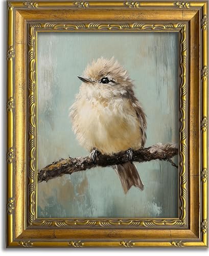 DR.RiftArt Vintage Wall Art Gold Framed Bird Decor Rustic Farmhouse Style | Cute Fluffy Bird on Branch Oil Painting, Canvas Print Artwork , For Living Room Bedroom Office 9x11 inch - color: Cute Bird, size: 11"L x 9"W
