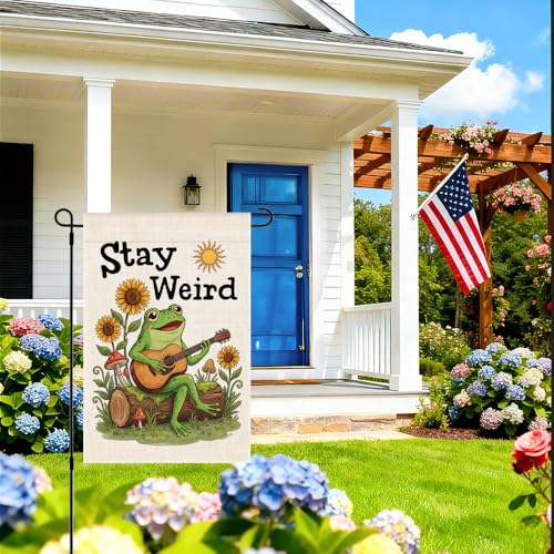 RZHV Stay Weird Double-Sided Garden Flag for Outdoor House Yard Sign Garden Decor Parade, Funny Frog Playing Guitar Sun Vertical Flag, Diversity Inclusive Outdoor Lawn House Patio Banner Decoration - color: Weird A