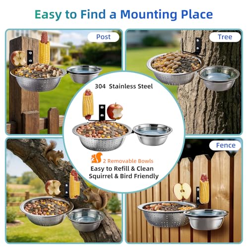 2 Bowls Squirrel Food&Water Feeder, Metal Chew-proof Squirrel Feeders for Outside, Picnic Table with 2 Corn Cob Holders - Removable Smart Drainage 304 Bowl+Bird Water Bowl&Seed Tray-Tree Mounted - color: 2-Bowls Feeder