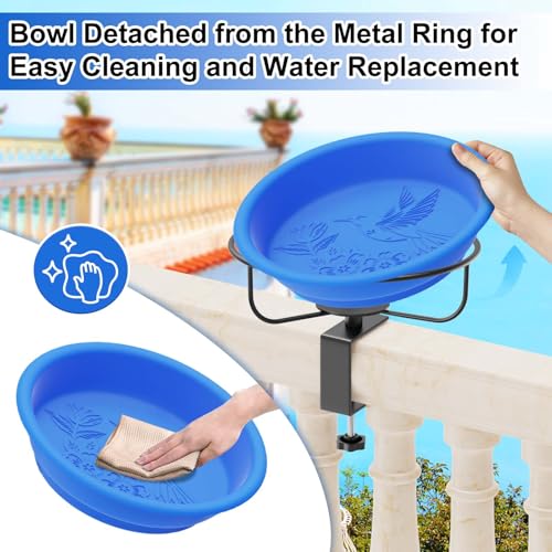 Deck Mounted Bird Bath for Outside, Detachable Plastic Bowl, Blue | Adjustable 3.2" Metal Clamp, Easy to Clean & Install, Railing Birdbath & Birdfeeder, Balcony Fence Garden Decor