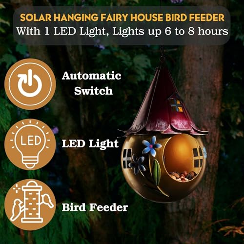 Solar Bird Feeder - Light Up Hanging Bird Feeders - Cute Fairy Design Rustproof Metal - Outside Unusual Metal Art with LED Light - Gift Boxed