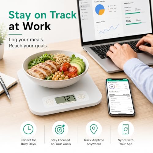 URAMAZ Smart Food Scale with Nutritional Calculator, Digital Kitchen Scale with Bluetooth App for Weight Loss, Food Weight Scale for Diet, Keto, Macro, Calories Counting, Tracking, 11lb - color: White