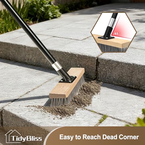 TidyBliss Stainless Steel Wire Scrub Brush with Long Handle, Heavy Duty Stiff Metal Broom Scrubber, Outdoor Moss Removal for Concrete Floor, Deck, Garden, Patio, Roof, Brick, Garage, Swimming Pool