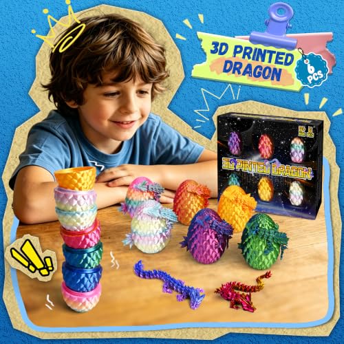 Impossmaker 6pcs 3D Printed Dragon Eggs, Cool Articulated Crystal Dragon Toys for Boys Kids Teen, Surprise Dinosaur Eggs for Party Favors, Fun Goodie Bag Stuffers for Birthdays, Classroom Prizes - style: 6P