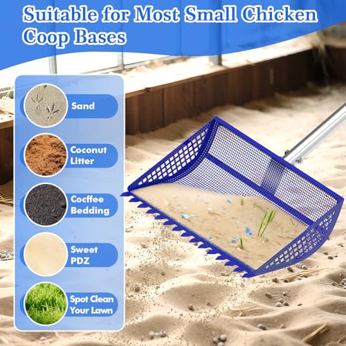VEEMI Chicken Poop Scooper Rake 2-in-1,304 Stainless Steel Shovel Head, Chicken Litter Scoop with Handle for Chicken Coop for Sand, Pet Waste Cleaning, Litter Sifting Shovel (35 to 65")