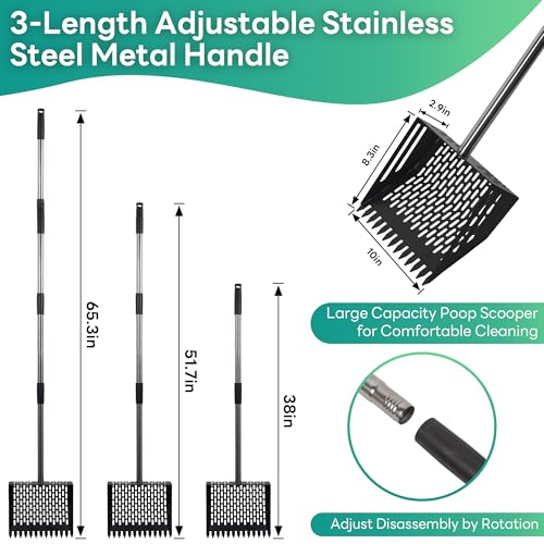 Oture Chicken Poop Scooper & Rake 2-in-1, Metal Chicken Coop Scoop Shovel for Poop, 24 to 66'' Adjustable Handle Litter Scooper Sand Sifting Shovel for Coops/Goat Stall/Farm Animals