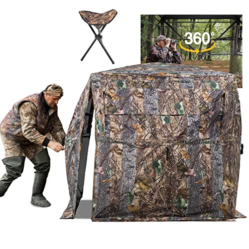 Hunting Blind 270/360 See Through Deer Blind, Pop Up Ground Blind | 2/3/4 Person Camouflage Tent, Portable Concealed Shelter with Carrying Bag, Silent Sliding Windows, Windproof Bottom Layer - size: 2-3 Person & Chair, style: 360