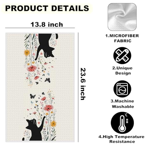 2 Pcs Flower Cat Kitchen Towels Decorative Hand Towels | Absorbent Soft Microfiber Towels for Bathroom, Home, Cat Lover Housewarming Gifts for Women, Mom, Dish Cloths - color: Multi 1223