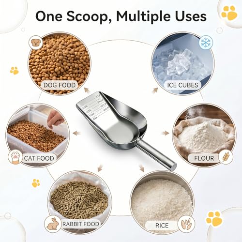 304 Stainless Steel Dog Food Scoop, 1 Cup Pet Food Measuring Cup with Long Handle for Dogs, Cats, Rabbits and Kitchen