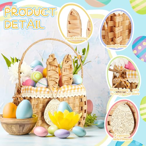 DoubleFill 1pcs Wicker Easter Basket Wicker Picnic Basket with Tag Empty Rattan Bunny Basket with Handles & Liner Willow Hamper Basket for Eggs & Candy Storage Fruit(Yellow Plaid) - color: Yellow Plaid