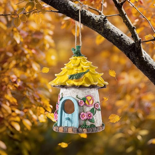 Glitzhome Bird Houses for Outside, 9" H Bluebird House Resin Yellow Roof Garden Hanging Birdhouses for Outdoors - color: 9"H Yellow