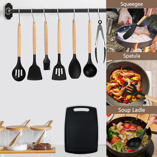 Cooking Utensils Set,19 Kitchen Set Utensils Set with 11 Pieces Spatula Cooking Utensils,Heat Resistant Silicone Utensils 6 Piece Sharp Knife Set 2 Pieces Utensil Cutting Board (Black 19 PCS Set) - color: Black 19 PCS Set