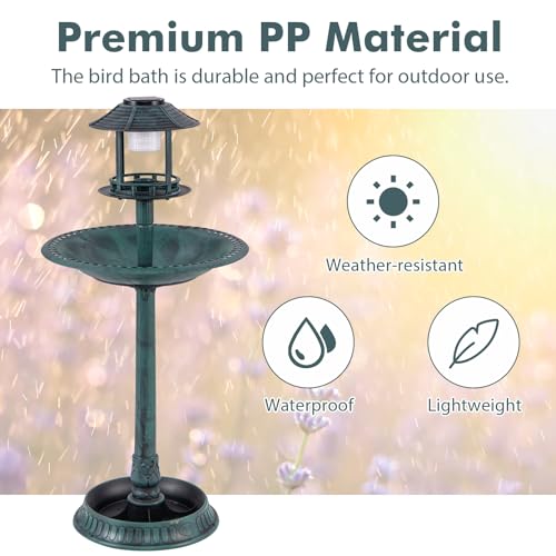 Solar Bird Bath, Pedestal Bird Bath with Bird Feeder, Flower Planter Base, and Solar Powered Lamp, Standing Birdbath for Outdoors, Garden, or Yard, 42 Inch Tall (Green) - color: Green