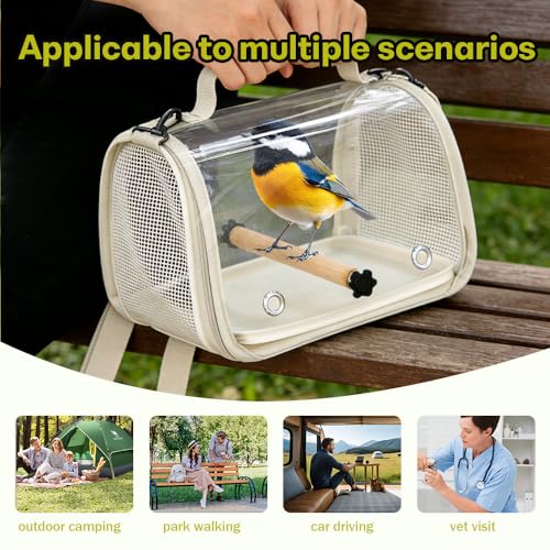 Hands Free Small Pet Cage with Breathable Mesh Windows Parrot Backpack | Small Bag for Vet Visit Shopping Hiking, Clear View Portable Bird Travel Carrier with Easy Clean Removable Tray and Perch - color: White