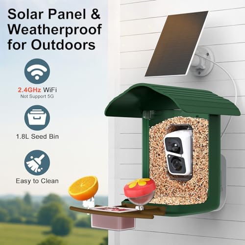 birdsnap® PAV Bird Feeder with Camera Solar Powered 2K Live Video 32GB Card | AI Bird Species Identification, Instant Arrival Alerts, IP65 Waterproof, Wild Bird Feeders for Outdoors, Gift for Bird Lovers - color: Dark Green