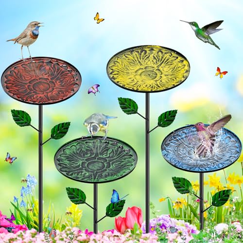 4 Pack Metal Bird Bath for Outside, Small Hummingbird Bath Bowl with Metal Stakes, Detachable Birdfeeder Birdbath Garden Decor for Outdoor Yard Lawn - color: 4P-Relief pattern disc