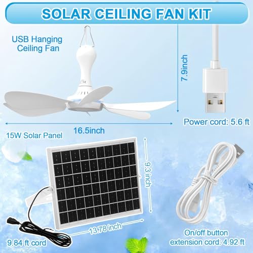 Tujoe Solar Ceiling Fan for Outdoor, 15w USB Portable Ceiling Hanging Fan, Dual Charging Modes & Solar Panel Powered for Chicken Coop, Tent, Greenhouse, Shed, Gazebo