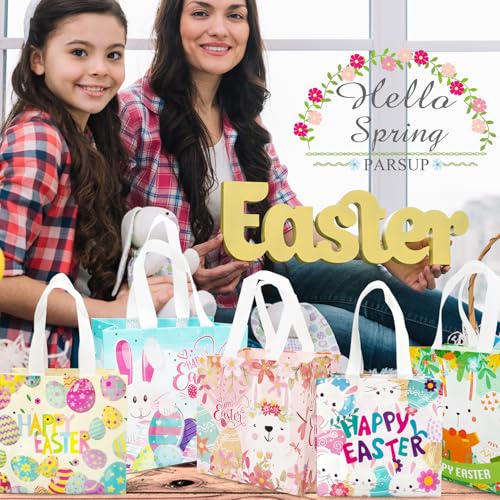 PARSUP 6PCS Happy Easter Egg Hunt Bags, Assorted Sizes, Easter Bunny Carrot Chick Egg Treat Bag with Handles, Non-Woven Gifts Wrapping, Egg Hunt, Spring Party Supplies - color: Blue Yellow Pink Green