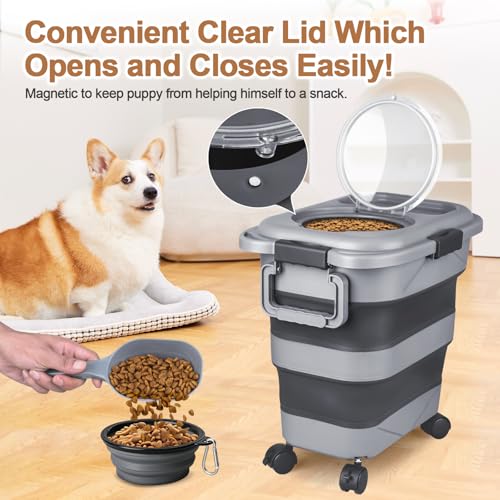 Dog Food Storage Container，23-25 lbs Airtight Collapsible Cat Food Storage Container with Attachable Wheels, Portable Handle, Dog Food Scoop for Dog Cat Bird Pet Dry Food Storage Bin Dark Grey - color: Dark Grey, size: Large