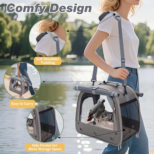 Bird Carrier Parrot Travel Cage with Perch, Food Bowl, Tray and Breathable Clear Window, Bird Travel Bag for African Gray Cockatiel Caique Conure Quaker, for Vetting Camping Hiking (Gray) - color: Gray