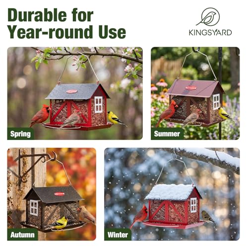 Kingsyard Metal Bird Feeder for Outdoors Hanging, 2-in-1 Wild Bird Feeder with Seed Tray & Built-in Perch, 5 lb Large Capacity for Cardinal Chickadee Finch, Black