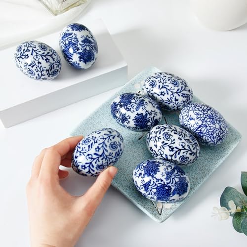 6pcs/Set Handcrafted Blue & White Ceramic Easter Eggs - Artisanal Decor for Home, Living Room & Office - Festive 6cm*4cm Accent Pieces - Perfect Mothers Day & Spring Easter Gifts (B) - size: G