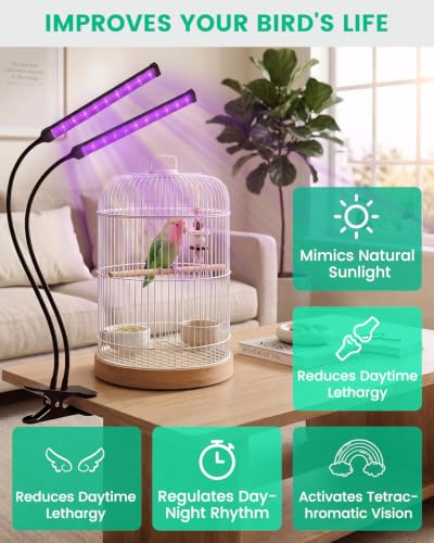 Bird Cage Light with UVA UVB, Full Spectrum Bird Lamp for Parrots | Dual-Head, 3 Modes, 4 UVB Levels (1.0-3.5), 24H Timer, 68 LEDs, Solid Wood Perch Included