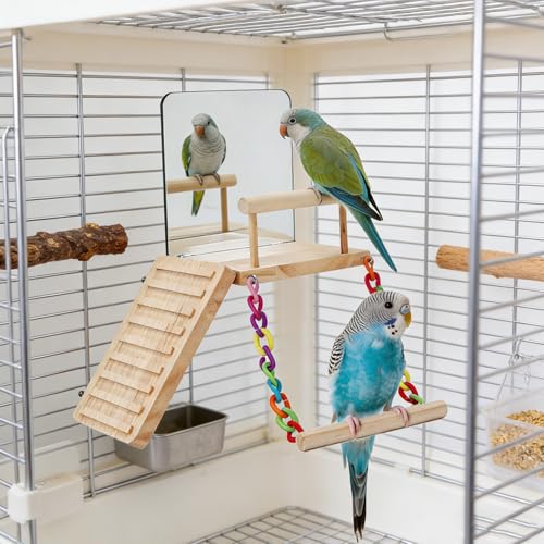 Bird Toys cage Accessories Parakeet Parrot Swing Wood Stand Perch with Mirror Climbing Ladder Interactive Hanging Toy for Budgerigar Conure Cockatiel mynah Finches
