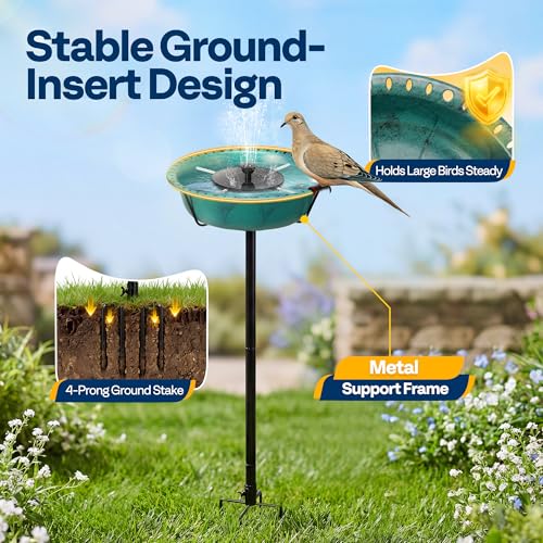 VIVOHOME Bird Bath with Solar Fountain and Metal Ground Stake, Green | Solar Powered Pump, Weather-Resistant ABS, 1.45-Gallon Capacity, for Outdoor/Garden, Bird-Friendly, Easy to Clean - color: Green, size: Birdbath with Fountain