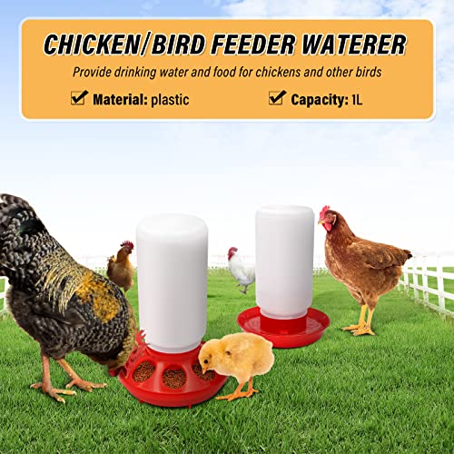 Chicken Feeder and Waterer Set Hanging Chicken Waterer Feeder for Poultry Duck Quail Chick Baby Automatic Chicken Feeders no Waste Bird Water Dispenser Chicken Coop Accessories Supplies (Red) - color: Red