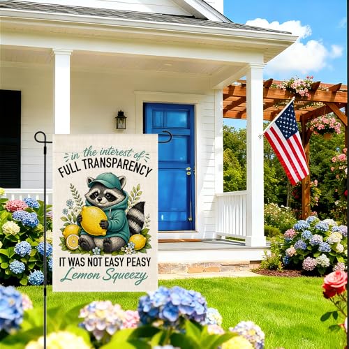 RZHV In The Interest of Full Transparency It Was Not Easy Peasy Double-Sided Garden Flag for Outdoor House Yard Sign Garden Decor Parade, Raccoon Lemon Outdoor Banner, Mental Health Front Yard Flag - color: Interest