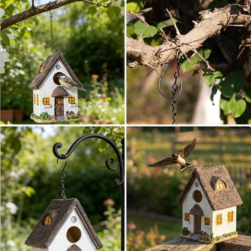 DEWEL Bird Houses for Outside, Waterproof Resin Birdhouses for Outdoors Garden, Patio, Yard, Hanging Decorative Bird House for Bluebird Finch Swallow Wren Chickadee, Gift for Bird Lovers - color: White