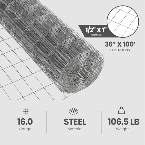 YARDGARD 1/2 in. x 1 in. Mesh Welded Wire Fence Roll, 36 in. x 100 ft., 16-Gauge Galvanized Steel Fence for Rabbit Fence, Chicken Coop, Cage Wire, Garden Protection and Small Animal Enclosures - size: 36 in. x 100 ft.