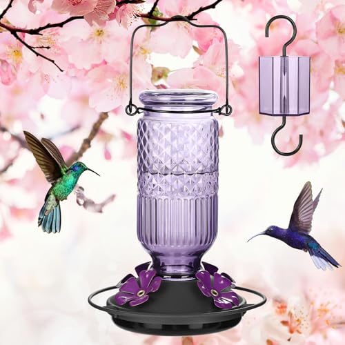 Glass Hummingbird Feeder for Outdoors Hanging, 16 oz Leak-Proof Nectar Feeder with Bee Guards & Ant Moat, 4 Metal Flower Feeding Ports, 360° Perch Ring, Easy Refill & Clean, Purple 2 Pack - color: Purple
