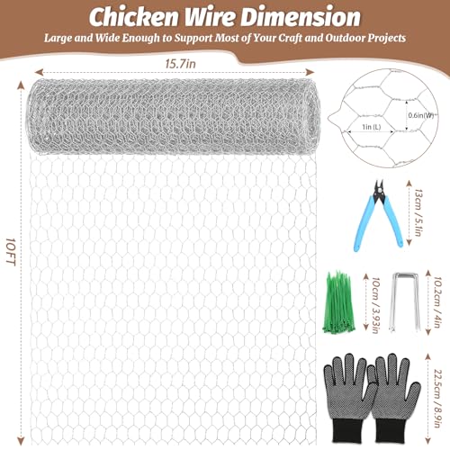 Floral Chicken Wire for Craft, 15.7 Inch x 10 FT Lightweight Galvanized Hexagonal Chicken Wire Netting, Silver Chicken Wire Fence for Garden Poultry Chicken Wire Mesh with Gloves, Wire Ties, Plier - size: 15.7 Inch x 10 FT