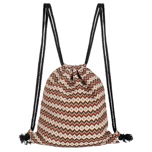 Van Caro Bohemian Drawstring Backpack Light Cinch Bag Gym Sack String Bag - color: D-white