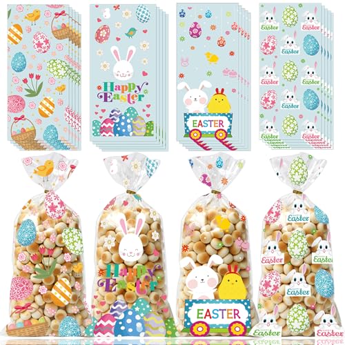 GOMANCHE Easter Cellophane Candy Bags, 100 Pieces Easter Treat Bags with Gold Twist Ties, Easter Cello Goodie Cooikes Gift Bags for Easter Party Favor Supplies