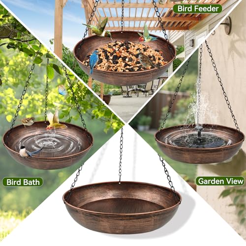 12" Metal Hanging Bird Bath with Chains and Hook | 2" Deep Bowl, 0.7Gal Capacity, 3 Chain Support, Easy Cleaning, Rust Resistant, Garden Decor - size: 12"
