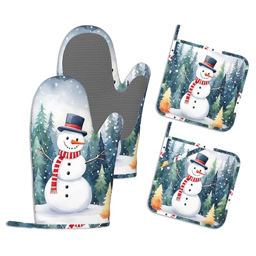 Oven Mitts and Pot Holders Sets,Cute Snowman Thick Cotton Kitchen Oven Mitt Set,Christmas Winter Forest Waterproof Anti-Slip Silicone Mittens for Baking,Cute Cooking Utensils Set - color: Cute Snowman
