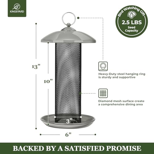 Kingsyard Finch Feeders for Outdoors Hanging, Metal Mesh Tube Bird Feeder for Nyjer/Thistle Seed, 2.5 lbs Large Capacity (Grey) - color: Gray