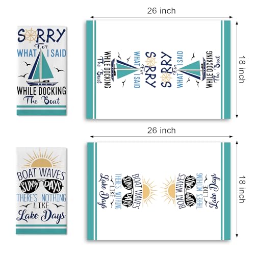 Nautical Lake House Kitchen Dish Towels Set of 2, Boat Waves Sunny | Days Sailboat Sunglasses Seagull Drying Hand Towel Baking Cooking Cloth, Funny Quotes Bathroom Home Decoration 18'' x 26'' - color: Daily-3