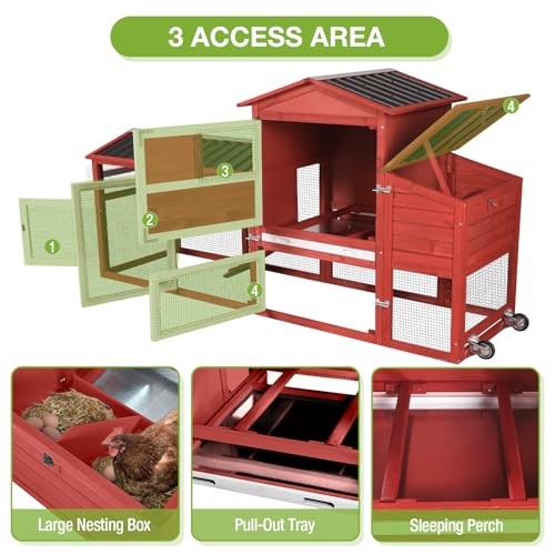 GUTINNEEN Large Outdoor Chicken Coop with Run, Mobile Hen House for 4-6 Chickens, Wooden Poultry Cage with Wheels, 2 Nesting Boxes, Waterproof Roof, Removable Pull-Out Tray-Red - size: 72.3"L x 26.0"W x 39.4"H