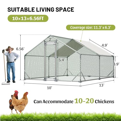 Metal Chicken Coop 13×10×6.56FT,Chicken Run Pen with Spire Roof,Water-Proof and UV-Proof Cover,Secure Mesh Walk-in Hens Fence with Lockable Door,Poultry Cage for Small Animal Like Hens,Ducks,Rabbits - size: 156.0"L x 79.0"W x 79.0"H