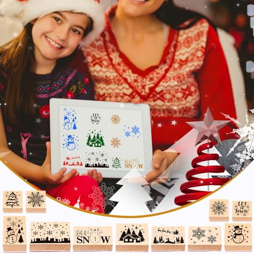 JarThenaAMCS 11 Pcs Winter Wooden Rubber Stamps Snowflake Snowman DIY Craft Stamps for Christmas Xmas Scrapbooking Cards Making - style: Winter