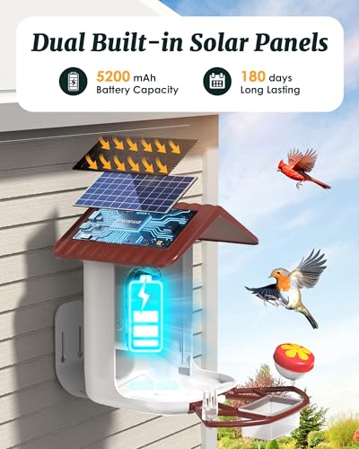 Bird Feeder with Camera Solar Powered 2K Video with 32GB Card Auto Capture | Instant App Alert, AI Identify, Easy Refill, 1.8L Capacity, IP65 Weatherproof, Pole/Bracket Mount, 3 DIY Add-ons, 2.4G Wifi - color: Red