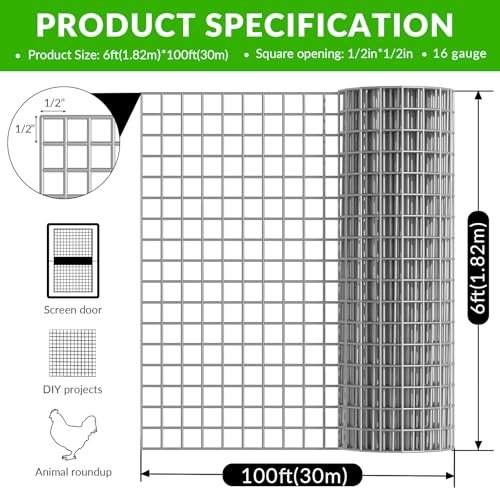 Welded Wire Fence 1/2‘’x 1/2‘’ 6ft x 100 ft,Vinyl Coated Welded Wire Mesh Roll,16GA Heavy Duty Galvanized Chicken Wire Fencing, Hardware Cloth for Yard Vegetable Protection Goat & Poultry Netting - size: 6' x 100'-16 Gauge(Silver)