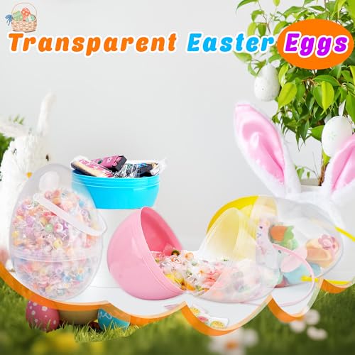 6 Pcs 10 Inch Giant Translucent Easter Eggs Large Jumbo Clear Plastic Giant Easter Eggs with Handle for Easter Hunt Supplies Basket Stuffers