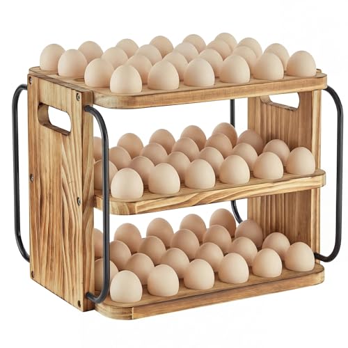 Wooden Egg Holder Countertop for Fresh Eggs with Handle | 3 layer, fresh egg holder countertop, stackable with 90 eggs for countertop to store chicken/duck/hand painted/easter egg - color: Pine